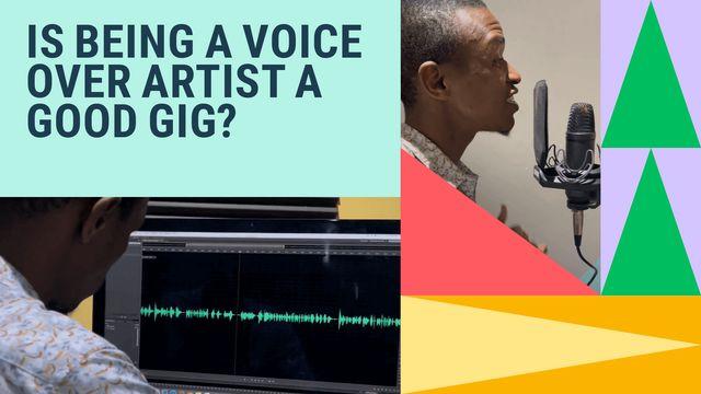 Visual of a guy recording an audio with a text graphic of voiceover