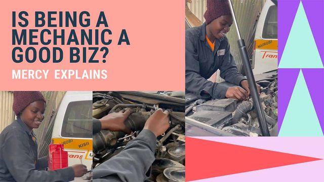 A visual of a lady mechanic working on a car engine.